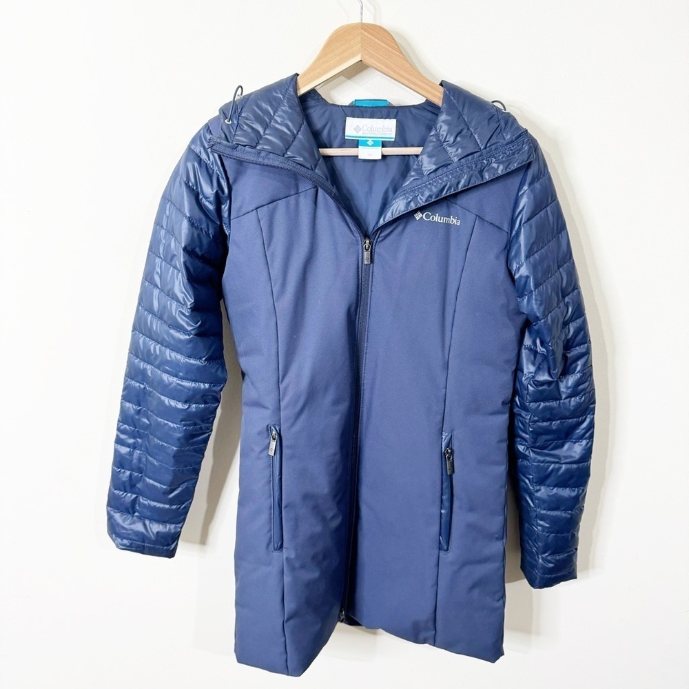 Columbia Blue Hooded Fenn Ridge Puffer Mid Jacket in Nocturnal Size XS - Picture 2 of 7